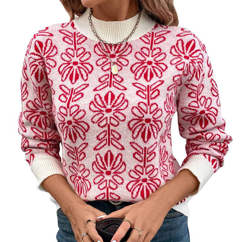 Half high collar flower jacquard knitted sweater with contrasting colors for women