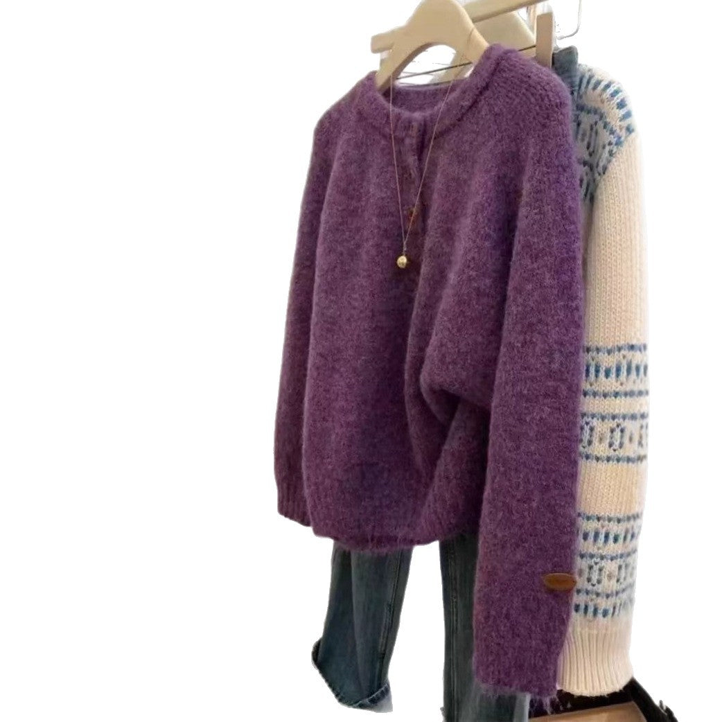 Casual Lazy Style Round Neck Single-Button Pullover Sweater Women's Loose Soft Knit Top