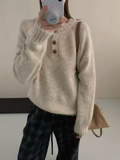 Casual Lazy Style Round Neck Single-Button Pullover Sweater Women's Loose Soft Knit Top