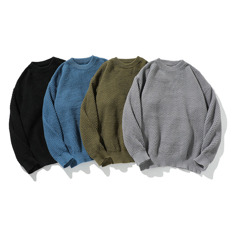 Pineapple Pattern Knit Sweater Men Round Neck Inner Layer Loose Fit Knitwear