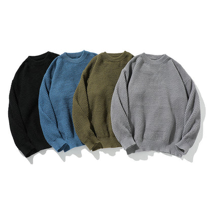 Pineapple Pattern Knit Sweater Men Round Neck Inner Layer Loose Fit Knitwear