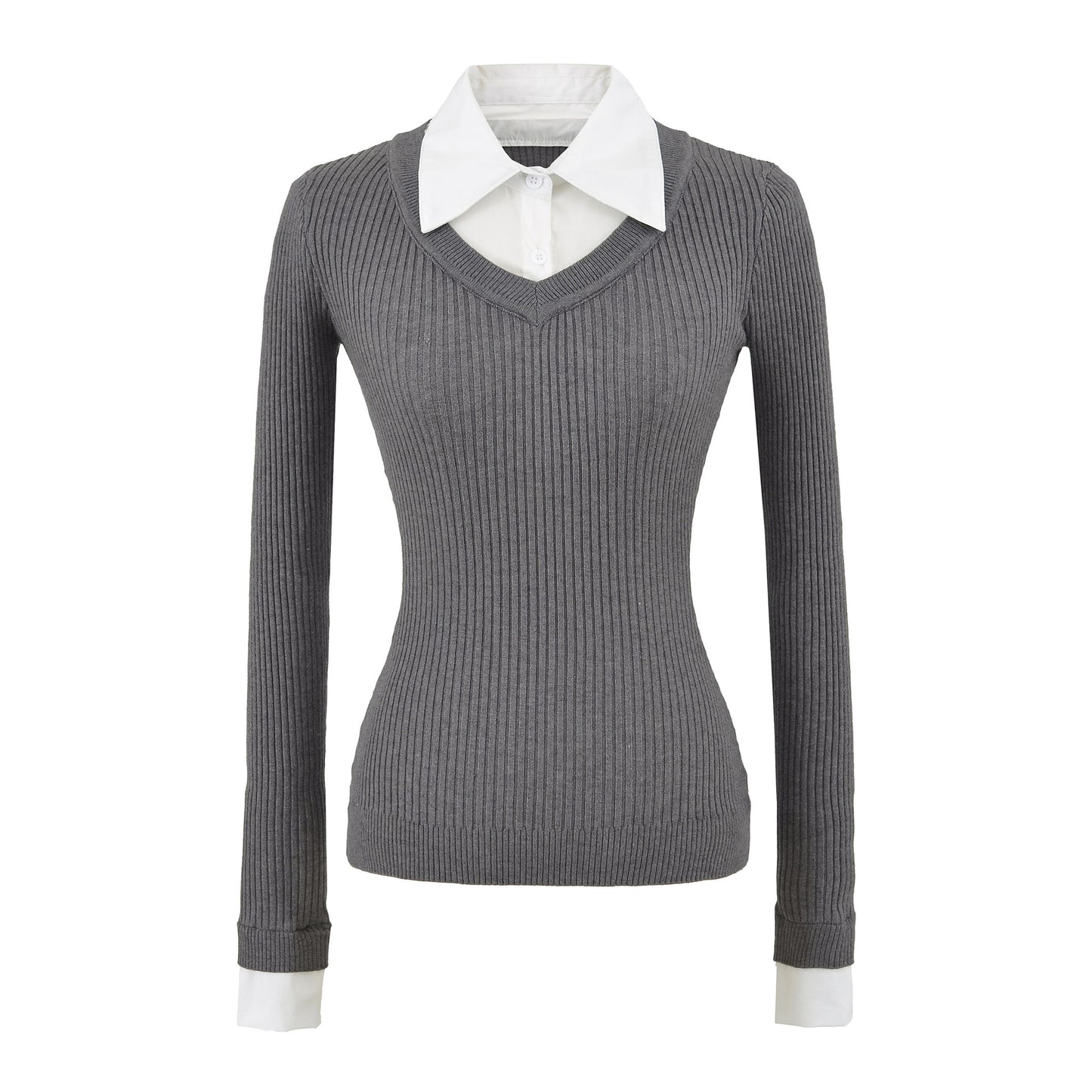 Retro style fake two-piece spliced shirt collar elastic slim fit waist cinching knit sweater