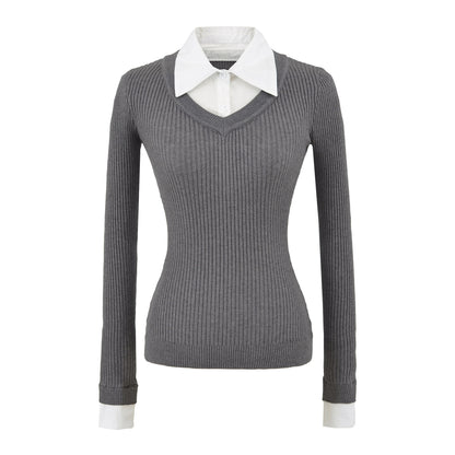 Retro style fake two-piece spliced shirt collar elastic slim fit waist cinching knit sweater