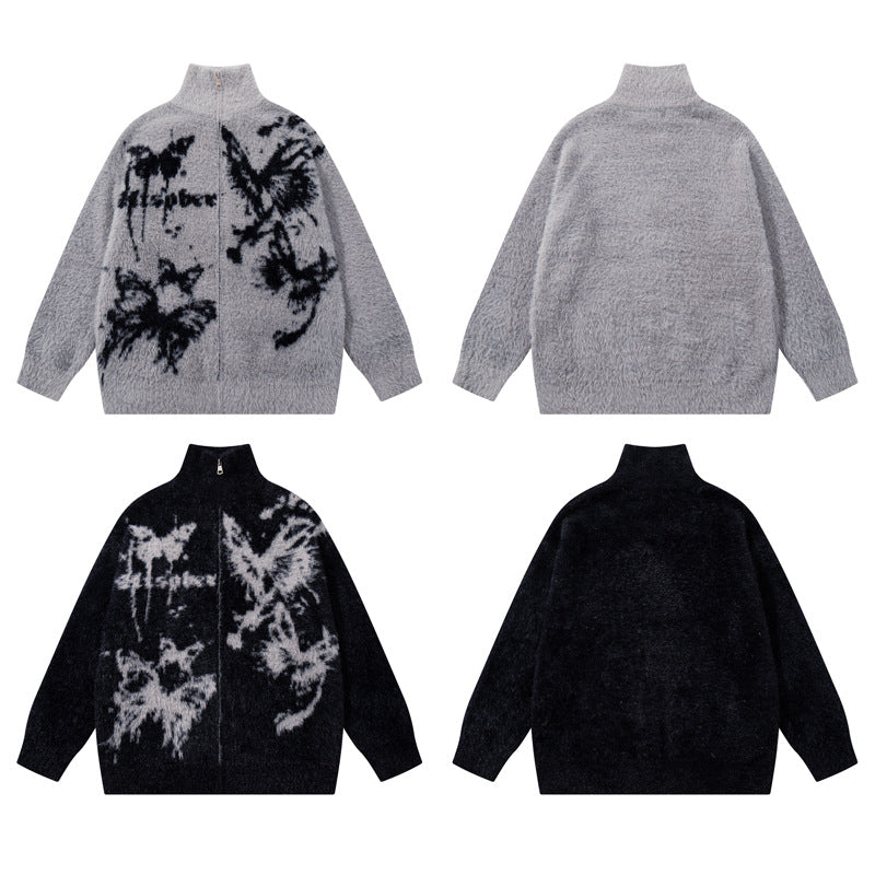 Street Style Design Butterfly Jacquard  High Street Knitwear Lazy Soft Loose Casual Chinese Style Sweater