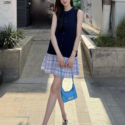 Color-blocked Knit Dress for Women, Plaid Hem, Ruffle Collar Sleeveless Midi Length Dress