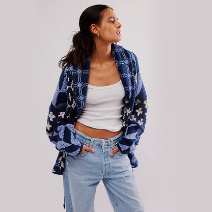 Style Y2K Abstract Print Turn-Down Collar Loose Long Sleeve Knit Sweater for Women