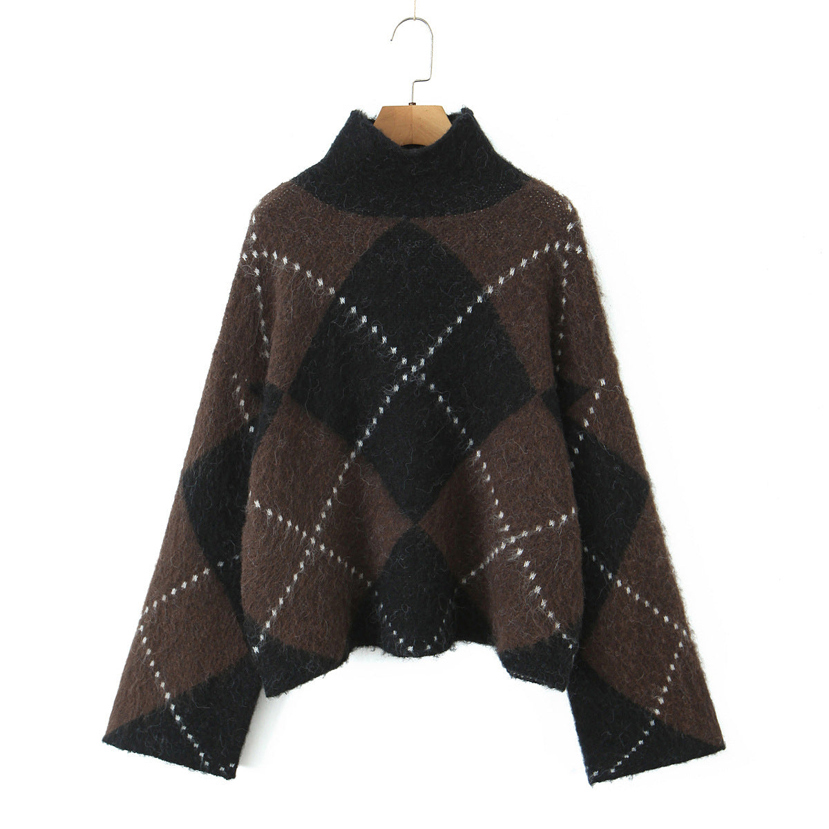 High neck pullover loose long sleeved diamond grid color blocked lazy knit sweater