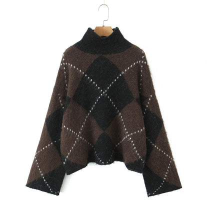 High neck pullover loose long sleeved diamond grid color blocked lazy knit sweater