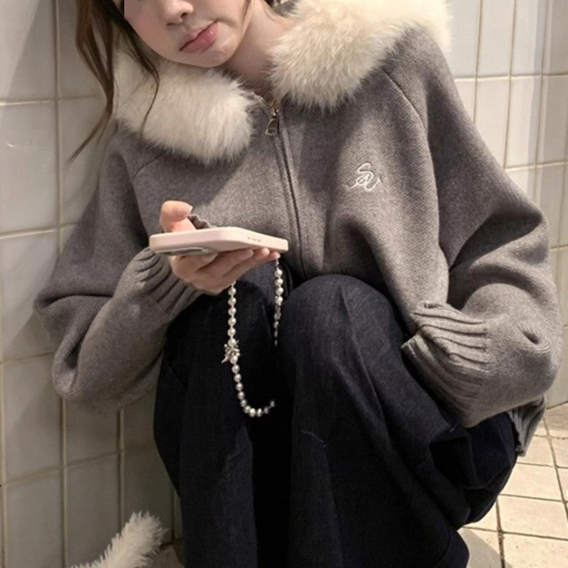 Autumn/Winter Casual Academic Style Loose Outerwear Korean Lazy Style Gray Fur Collar Hooded Knit Cardigan for Women