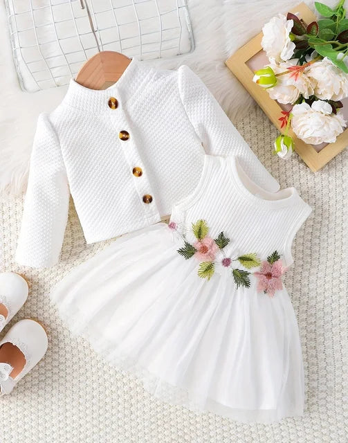Baby girl waist flower design vest spliced mesh dress jacket for infants and young children
