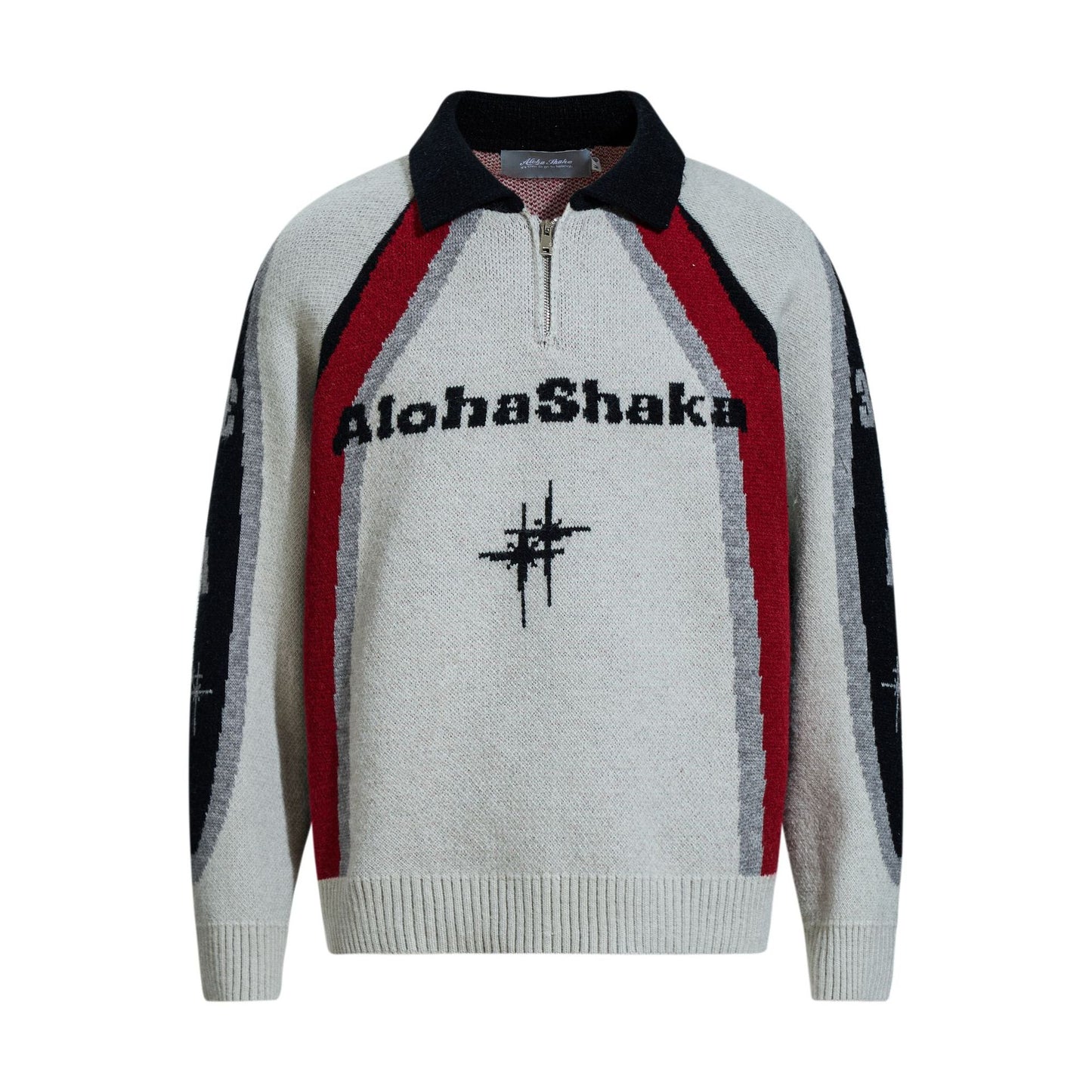 Letter Jacquard Design Loose Color-block Turn-down Collar Pullover Sweater