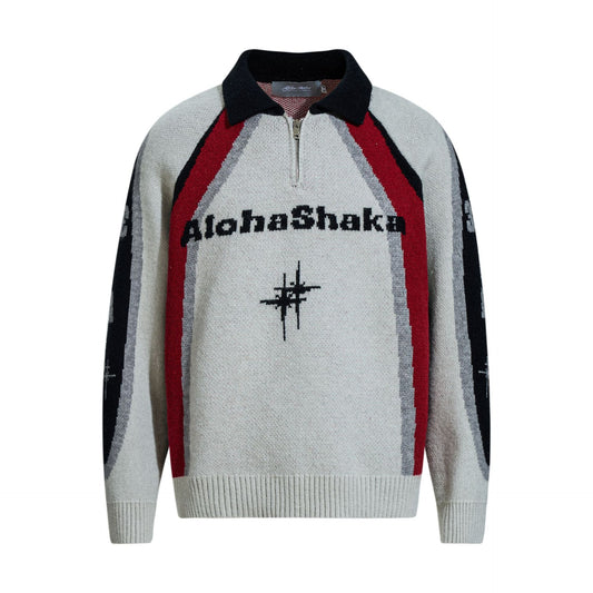 Letter Jacquard Design Loose Color-block Turn-down Collar Pullover Sweater