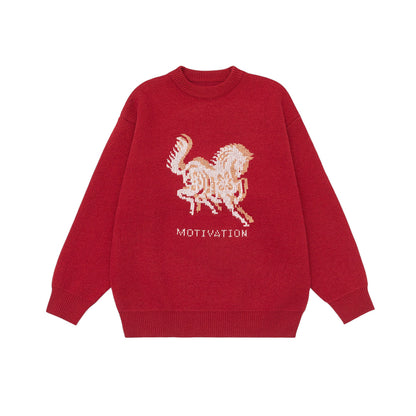 Horse Embroidery Knitwear Loose Casual Unisex  Sweater