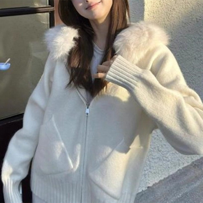 Autumn/Winter Casual Academic Style Loose Outerwear Korean Lazy Style Gray Fur Collar Hooded Knit Cardigan for Women