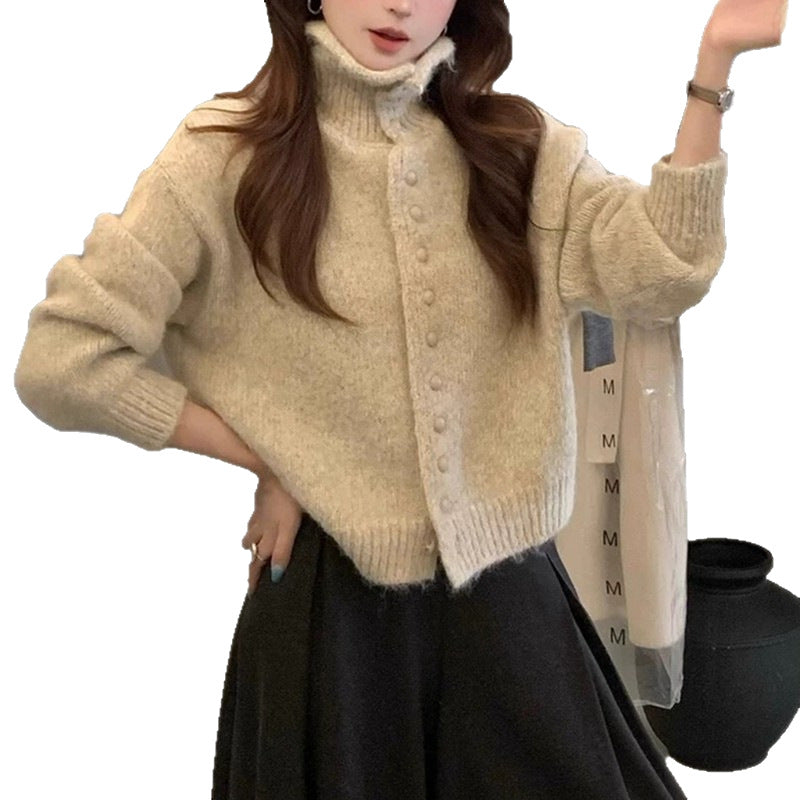 Loose High-neck Thick Warm Knit Cardigan for Women (with Bag)