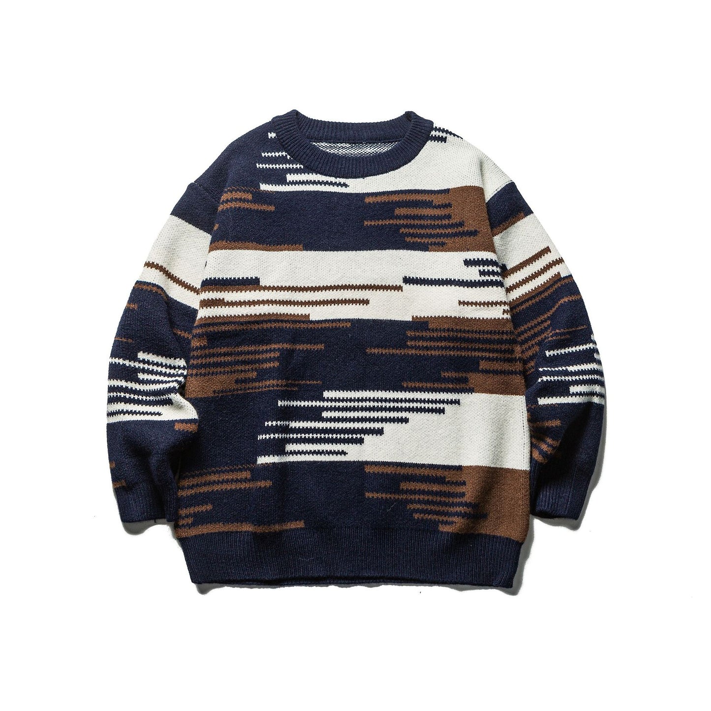 Color-Blocking Jacquard Loose Bohemian Style Crewneck Sweater