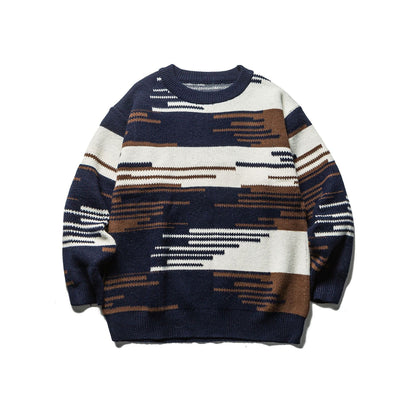 Color-Blocking Jacquard Loose Bohemian Style Crewneck Sweater