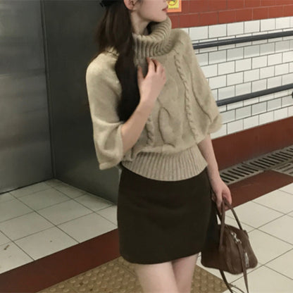 Fall Soft Knit Sweater with 3/4 Sleeves, Loose Fit, Casual Top, Vintage Khaki High Neck Pullover for Women