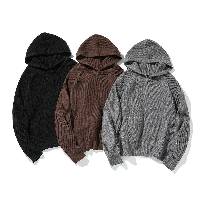 Simple Solid Color Hooded Ribbed Cuff Warm Casual Crewneck Sweater