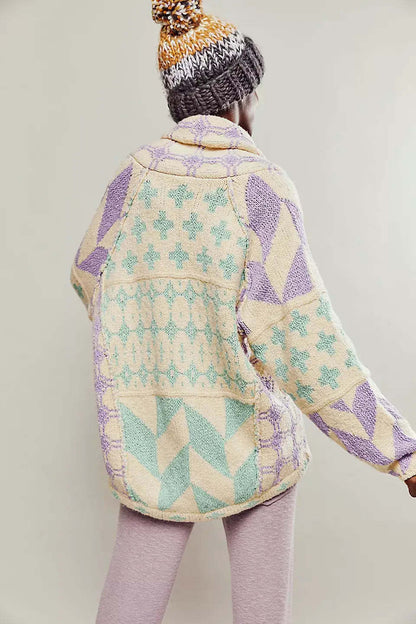 Style Y2K Abstract Print Turn-Down Collar Loose Long Sleeve Knit Sweater for Women