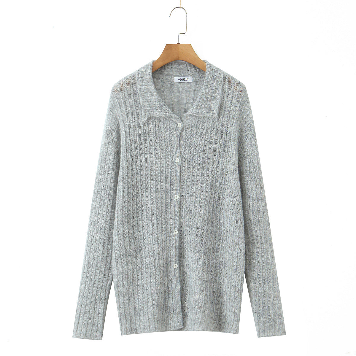 Casual hollow out one row button lapel cardigan women's knitted sweater