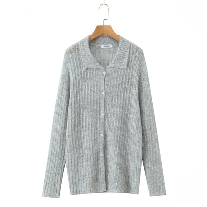 Casual hollow out one row button lapel cardigan women's knitted sweater