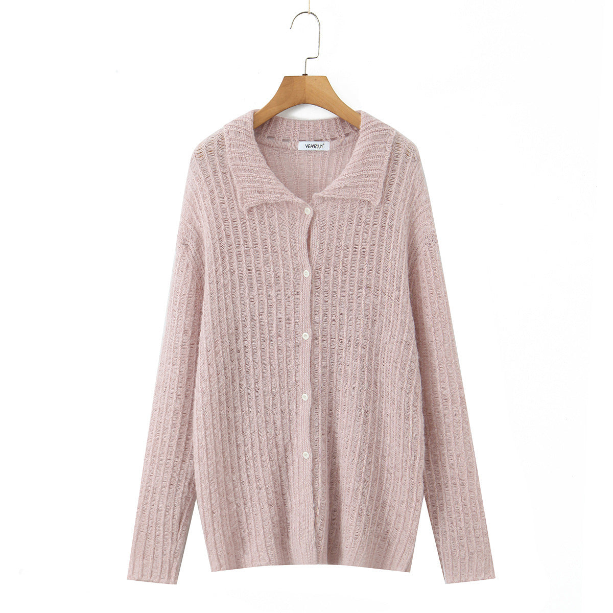 Casual hollow out one row button lapel cardigan women's knitted sweater