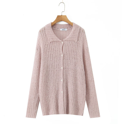 Casual hollow out one row button lapel cardigan women's knitted sweater