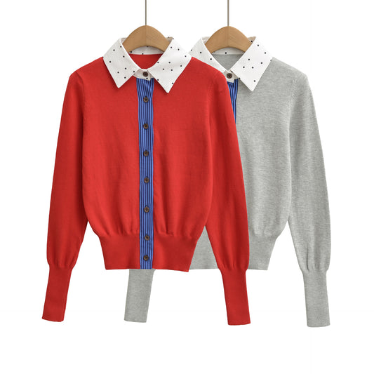 Retro slimming cardigan top fake two-piece patchwork embroidered knit sweater