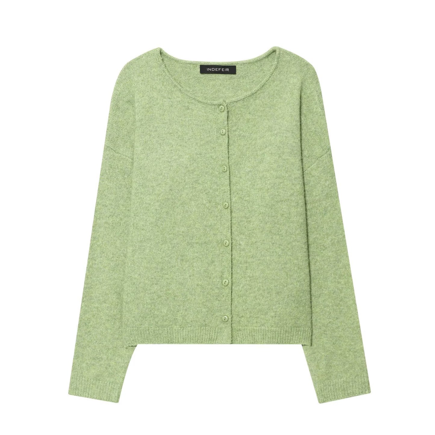 Round neck long sleeved single breasted solid color knitted sweater for women