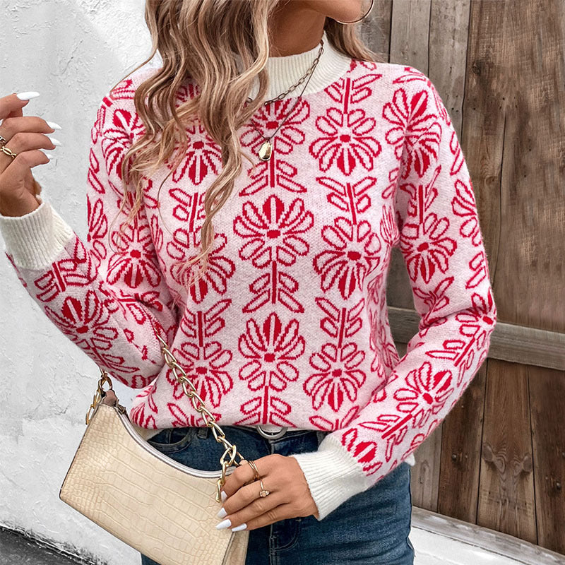 Half high collar flower jacquard knitted sweater with contrasting colors for women