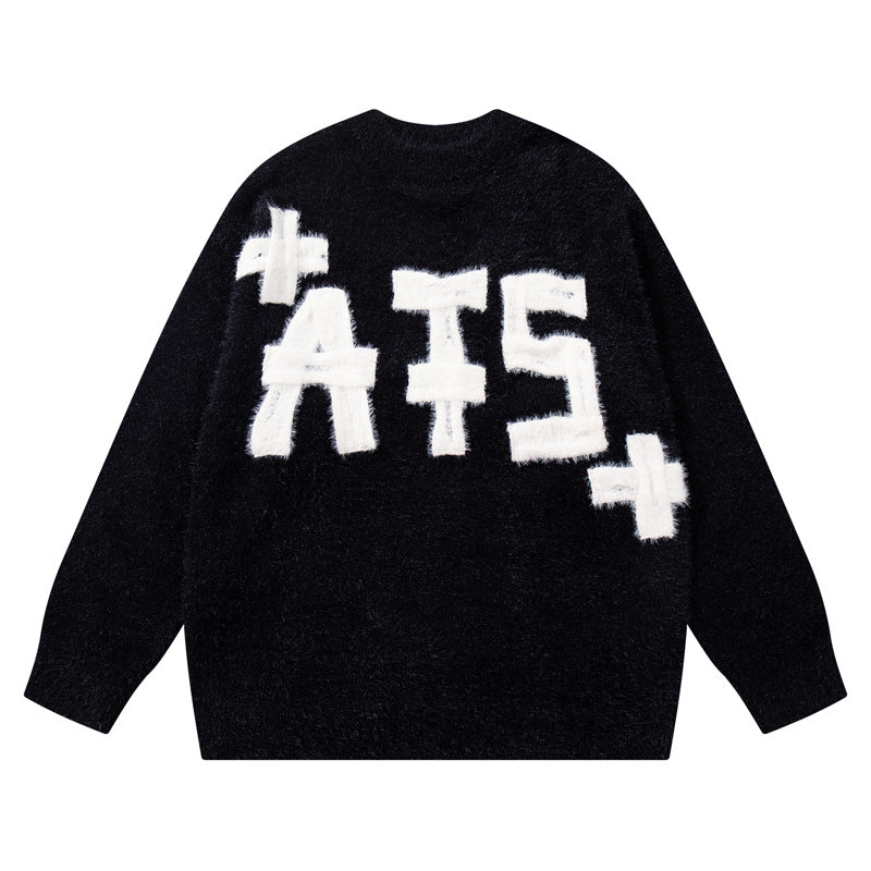 Original Trendy Brand Knit Sweater Men's Applique Embroidery Round Neck Casual Inner Wear Couple Basic Knitwear