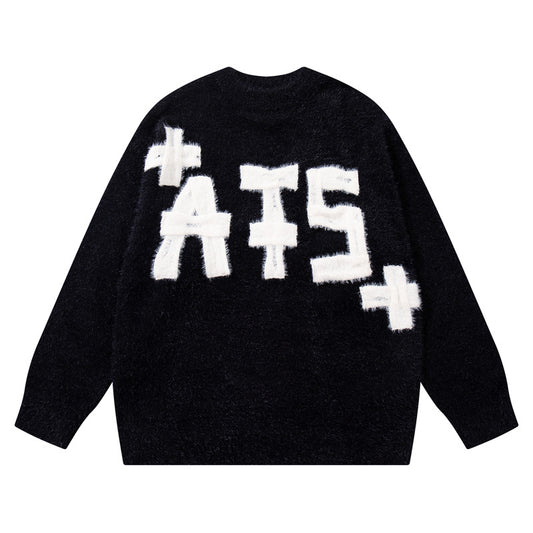 Original Trendy Brand Knit Sweater Men's Applique Embroidery Round Neck Casual Inner Wear Couple Basic Knitwear