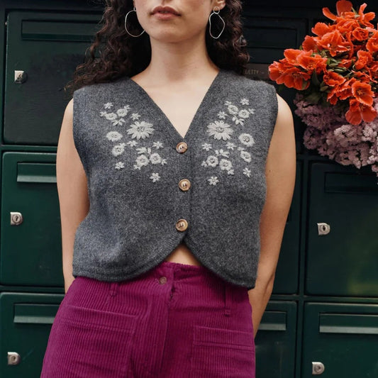 Lace Knit Vest with Floral Embroidery V-Neck Sleeveless Cardigan Slim Fit Knit Top