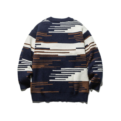 Color-Blocking Jacquard Loose Bohemian Style Crewneck Sweater