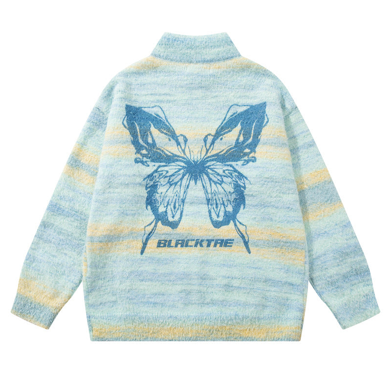 Original Trendy Brand Gradient Butterfly Letter Jacquard Knit Sweater Coat for Men and Women,Lazy Style Loose Couple Knitwear