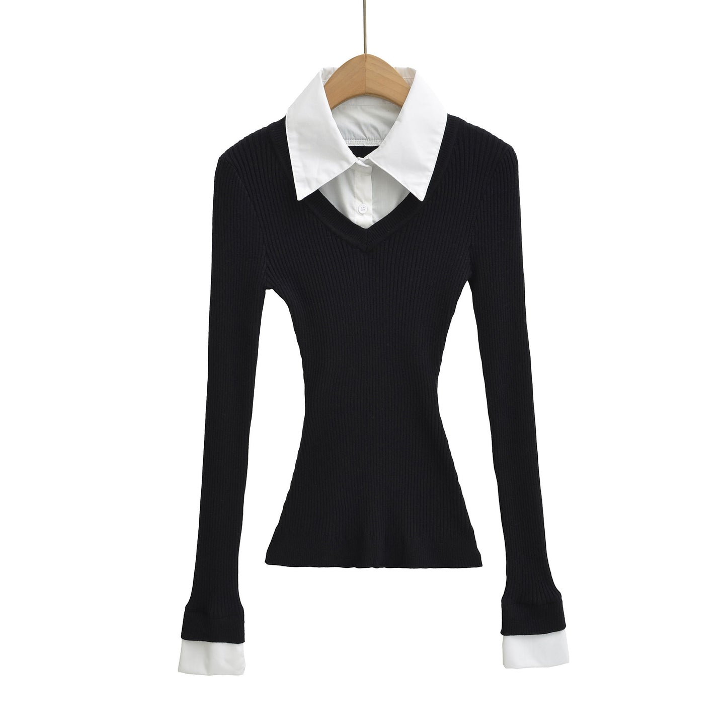 Retro style fake two-piece spliced shirt collar elastic slim fit waist cinching knit sweater