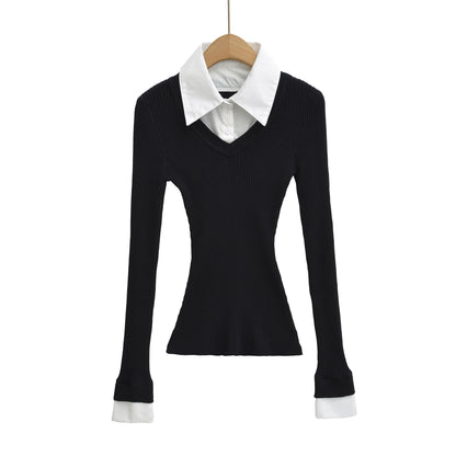 Retro style fake two-piece spliced shirt collar elastic slim fit waist cinching knit sweater