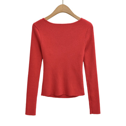 Retro style cross V-neck long sleeved threaded elastic slim fit waist knit sweater
