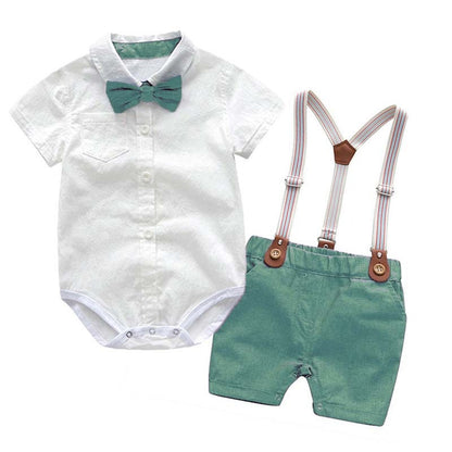 Male baby infant two-piece summer climbing suit with collar, gentleman's white shirt, overalls, tie dress, British style