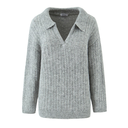 V-neck long sleeved loose casual knitted sweater