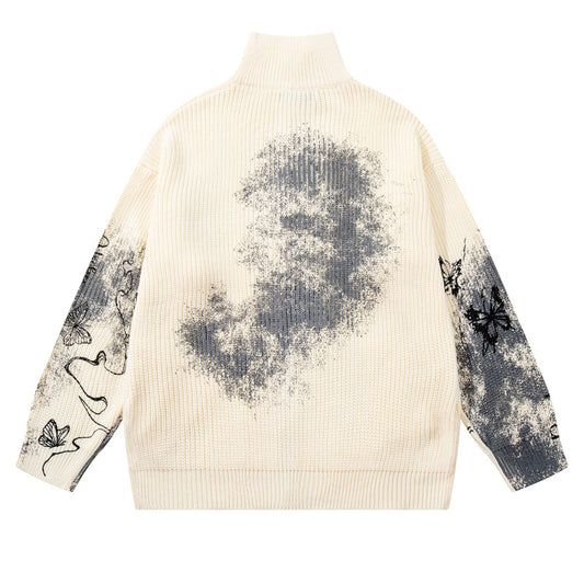 Original Trendy Brand Butterfly Splatter Graffiti Cardigan Sweater Street Style Edgy Cool Couple Knitwear Jacket