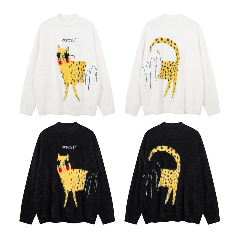 Cartoon Faux Fur Sweater for Women, Versatile Outerwear, Lazy Style Couple's Crewneck Knitwear