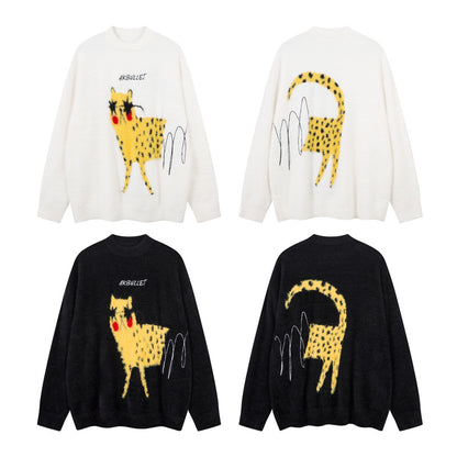 Cartoon Faux Fur Sweater for Women, Versatile Outerwear, Lazy Style Couple's Crewneck Knitwear