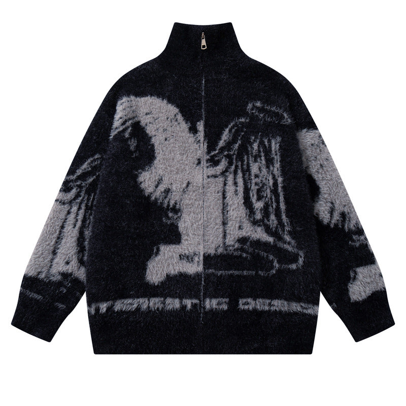 Streetwear Urban Style Angel Girl Floral Open Front Knit Sweater Loose Knit Cardigan Coat Autumn Winter Season