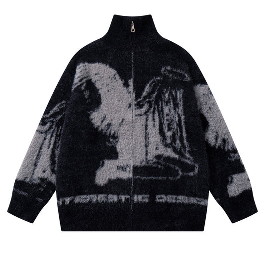 Streetwear Urban Style Angel Girl Floral Open Front Knit Sweater Loose Knit Cardigan Coat Autumn Winter Season