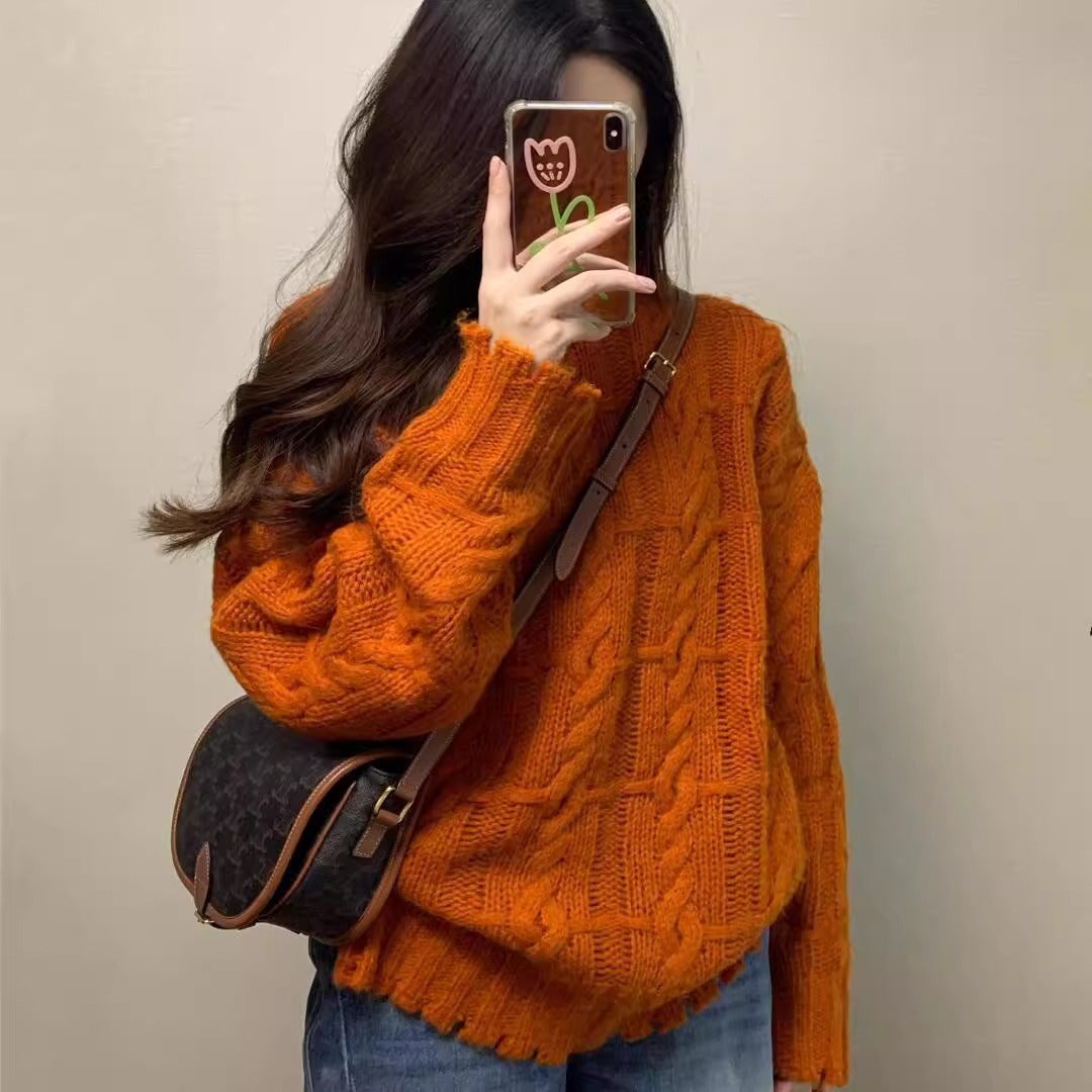 Retro Orange Pumpkin Cable Knit Sweater for Women, Autumn/Winter, Casual Soft and Cozy Knitted Top