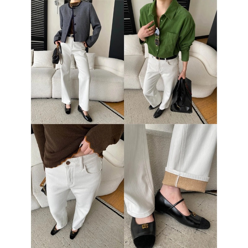 High Waist Slim Straight Leg Fitted Fleece-Lined Jeans for Women - Minimalist Blogger Style Long Leg Look