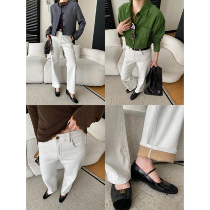 High Waist Slim Straight Leg Fitted Fleece-Lined Jeans for Women - Minimalist Blogger Style Long Leg Look