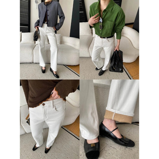 High Waist Slim Straight Leg Fitted Fleece-Lined Jeans for Women - Minimalist Blogger Style Long Leg Look